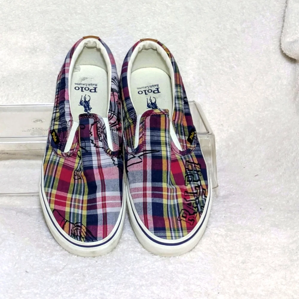 Polo Ralph Lauren Keaton Slip-On Madras Plaid Crest Overprint Sneakers Size 9.5‎